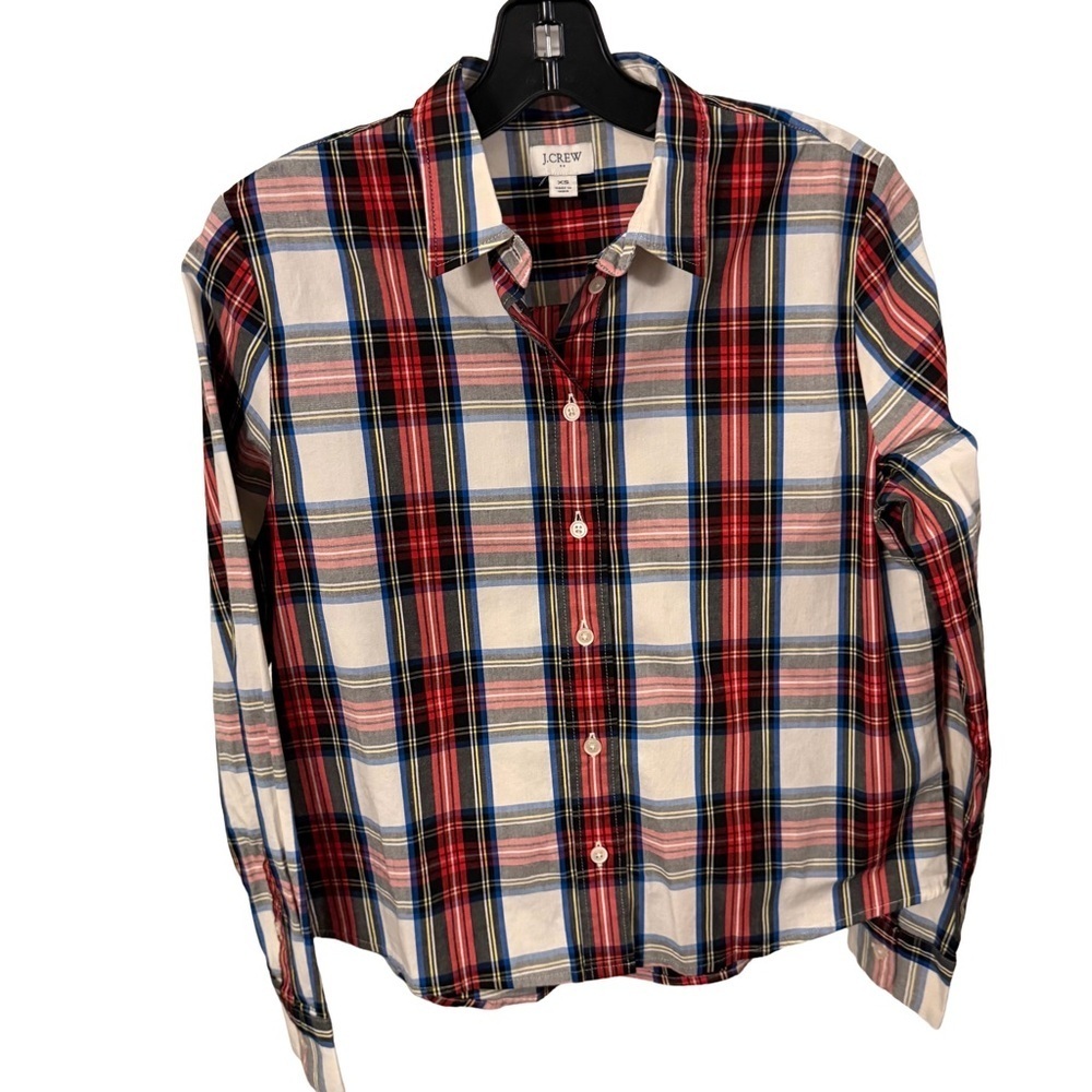J Crew Womens Cotton Poplin Shirt White-Out Tartan Plaid Stretch Sz XS EUC